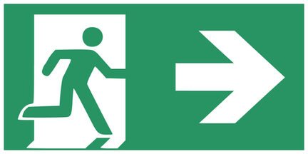 Schild mit dem Symbol für gesicherten Fluchtweg laufendes Männchen und Pfeil