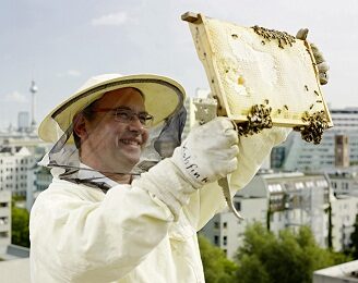 Der Imker Dr. Marc Wilhelm Kohfink im Imkeranzug hälz eine Wabe mit Bienen hoch
